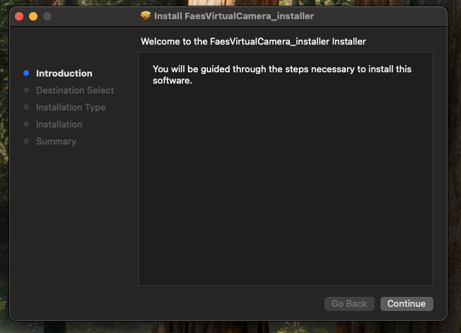 macOS installer welcome screen for the FaesVirtualCamera installer