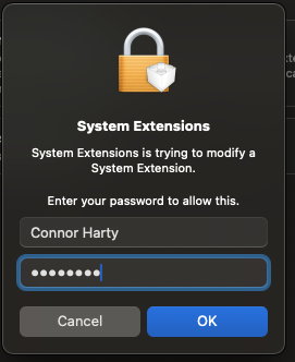 macOS password prompt: System Extensions is trying to modify a System Extension