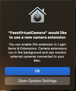 macOS alert asking to allow a camera extension, with Open System Settings and OK buttons