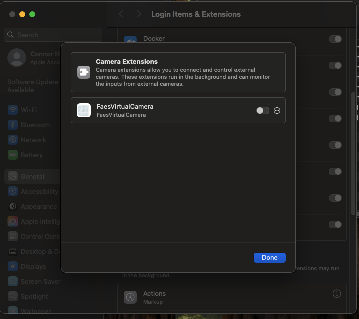 System Settings Camera Extensions panel with the FaesVirtualCamera toggle
