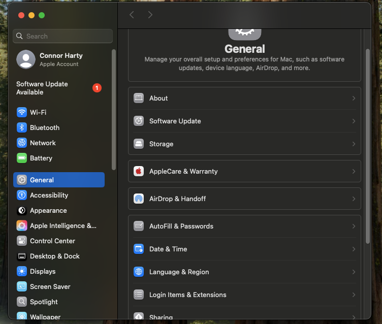 System Settings General panel with Login Items and Extensions