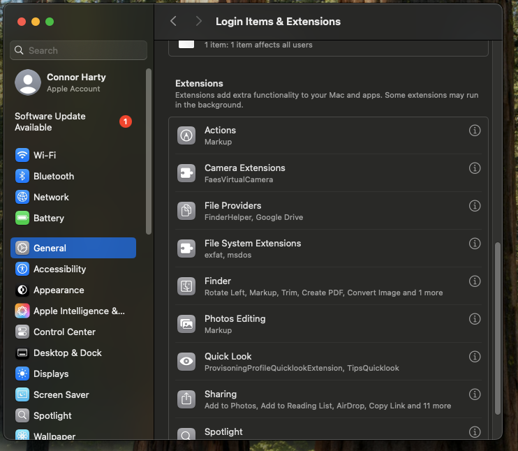 Login Items and Extensions panel showing Camera Extensions
