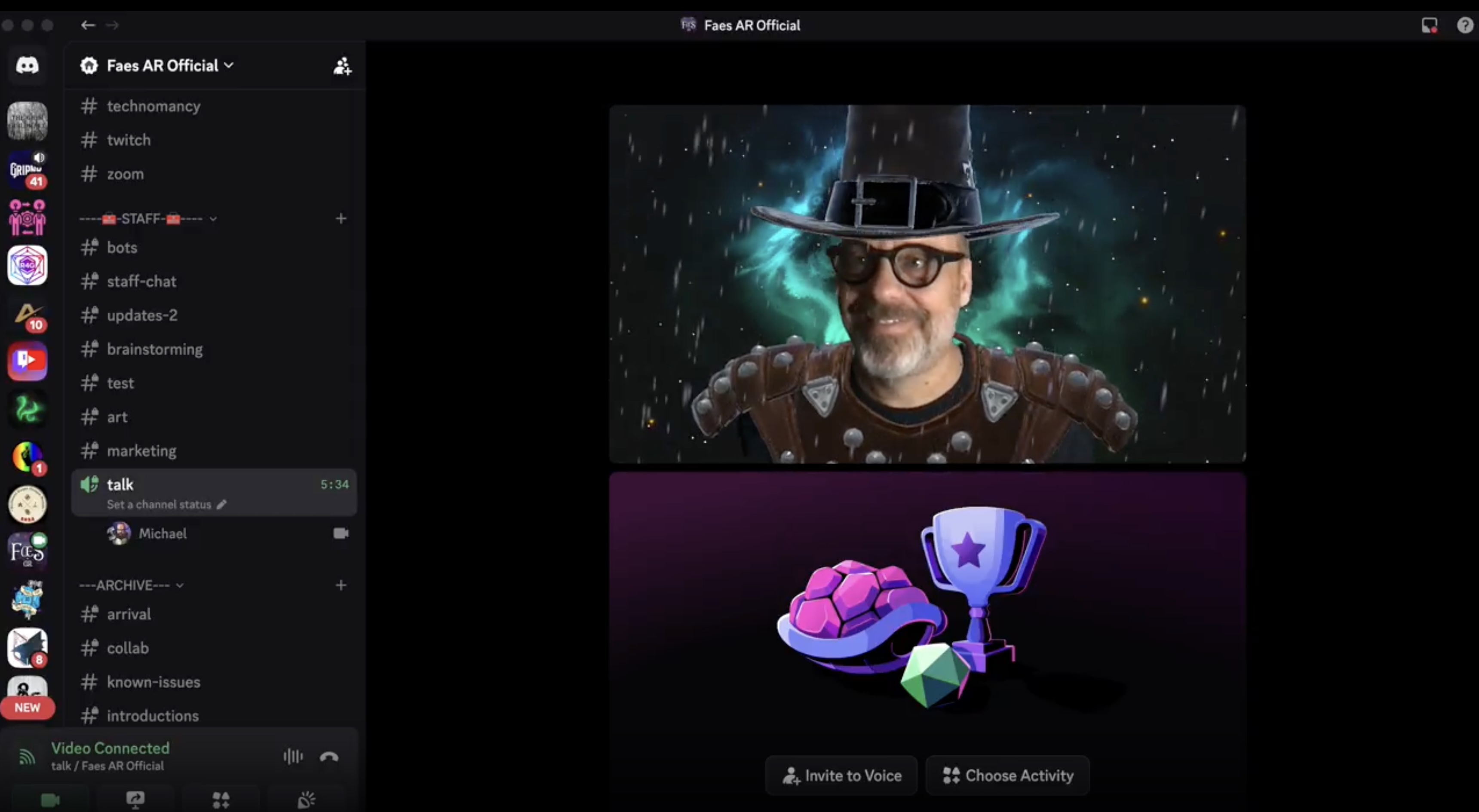Faes AR outputting through the virtual camera into Discord, OBS, Zoom, and Google Meet. The character look is held live across the session.